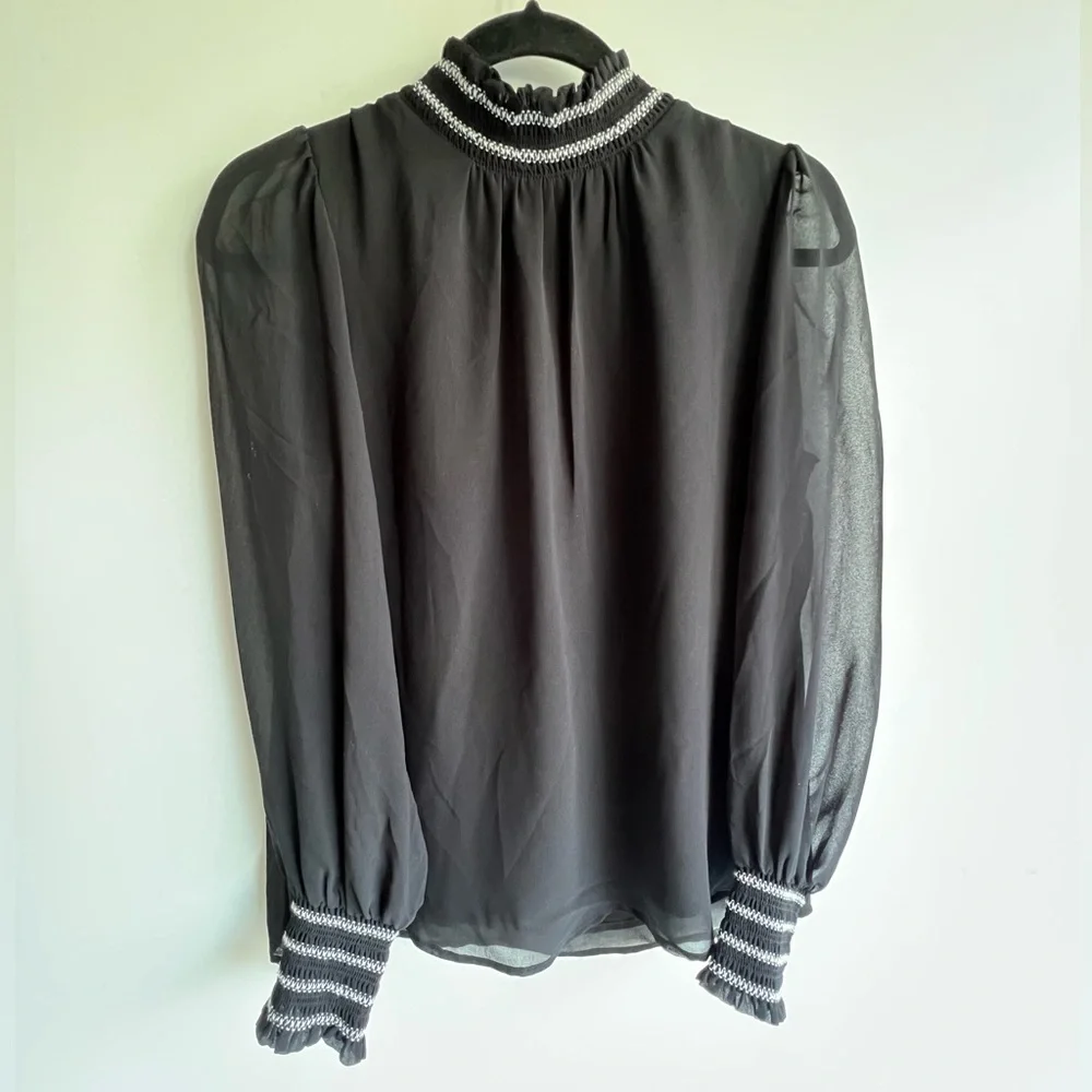 Karl Lagerfeld Paris Black Blouse Smocked Neck Puff Sheer Sleeve‎ Small